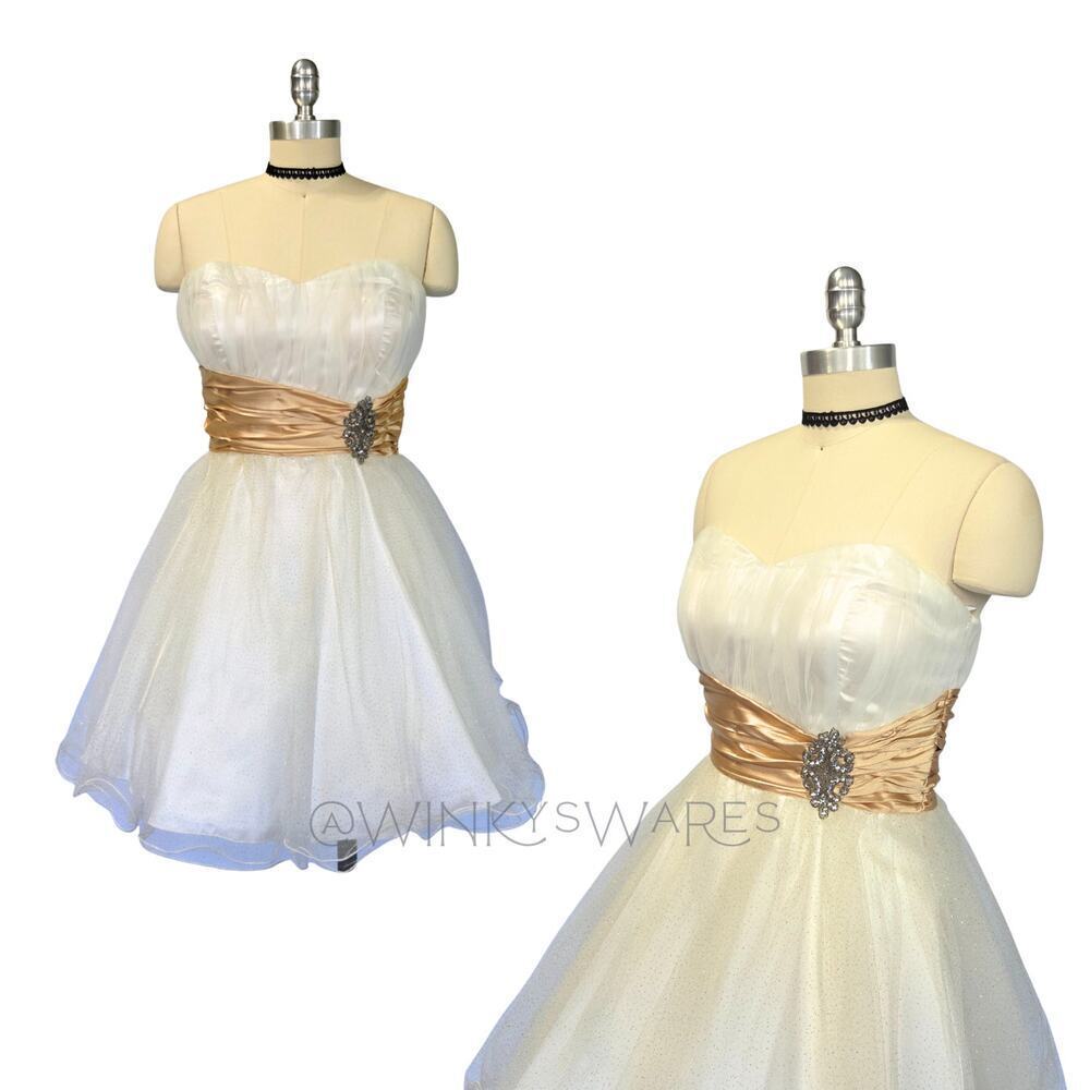 Vintage Y2K Formal Prom Dress Size S 7 White Gold Strapless Sparkle Roberta